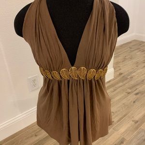 Sky Brown Sleeveless Top with Gold Accents